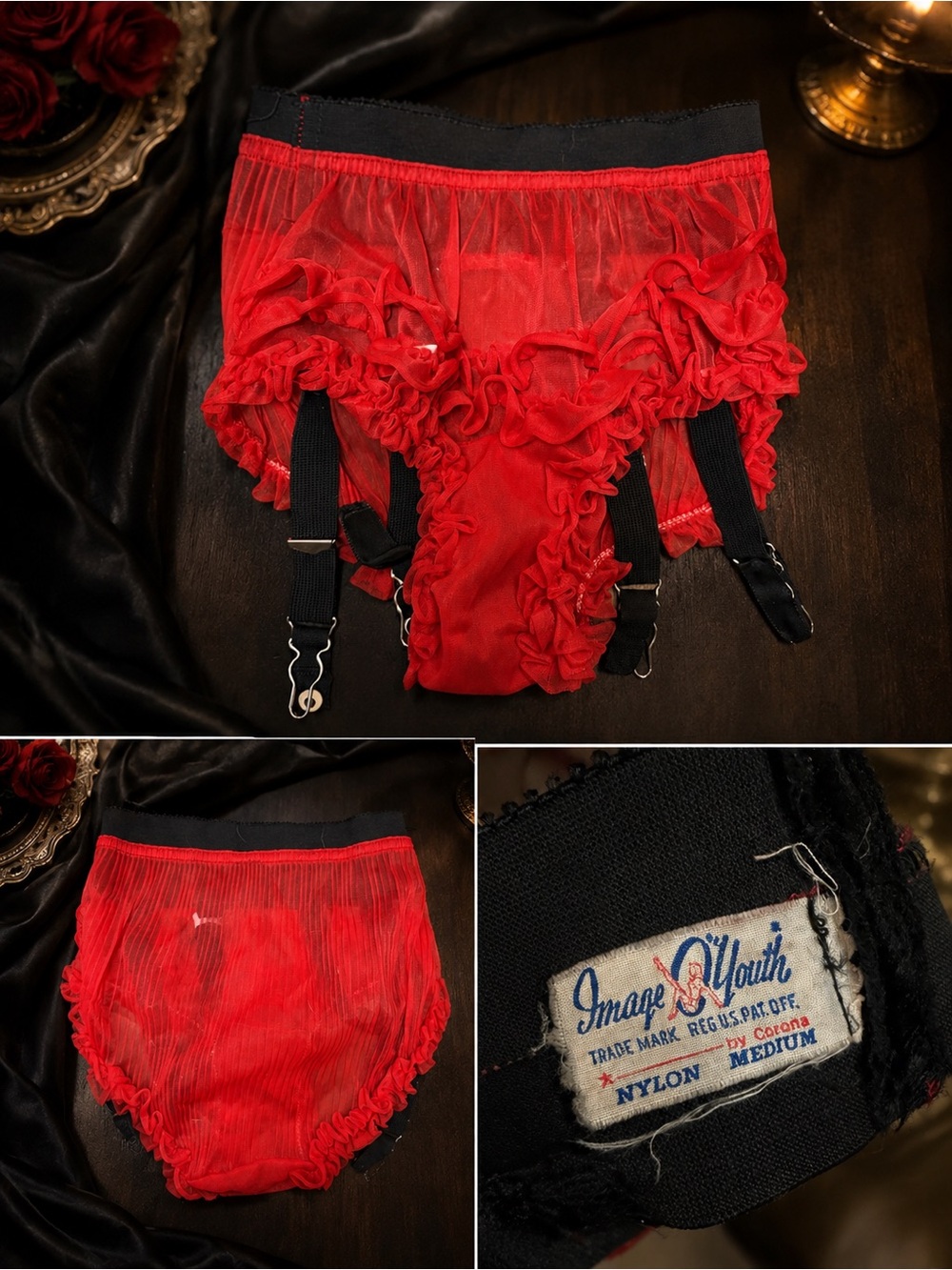 Red Ruffled Sheer Vintage Garter Briefs - Image Youth